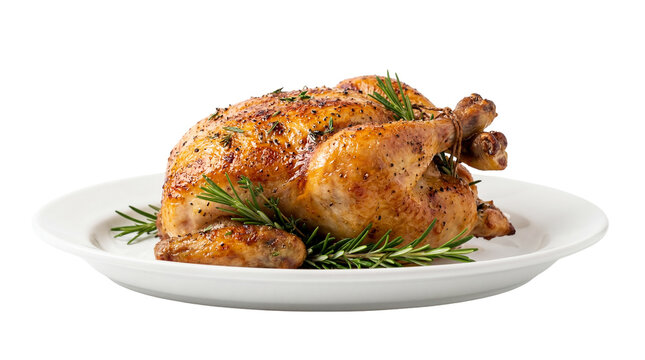 Perfectly roasted golden brown chicken, seasoned with fresh rosemary, presented on a white plate and isolated, ready for a delicious holiday feast PNG