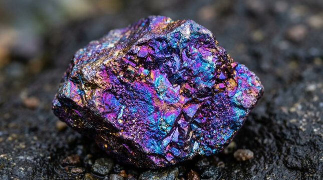 Close-up of bornite peacock ore copper iron sulfide with iridescent purple-blue surface, colorful mineral concept for science brand or jewelry editorial, no people