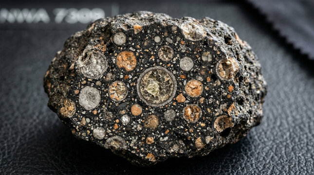 Close-up of carbonaceous chondrite meteorite with ancient chondrule inclusions, cosmic mineral concept for space science brand or natural history editorial, no faces