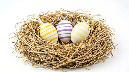 Obraz premium Colorful Striped Easter Eggs in Straw Nest Isolated on White Background