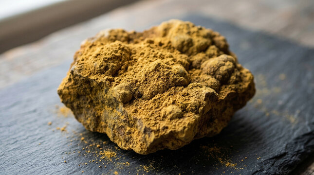 Close-up of limonite yellow iron ore with powdery ochre surface texture, pigment mineral concept for art supply brand or geological editorial, no people, commercial use