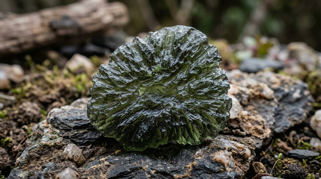 Close-up of moldavite green tektite with natural etch and flow surface texture, cosmic origin gemstone concept for crystal healing brand or natural history editorial, no people