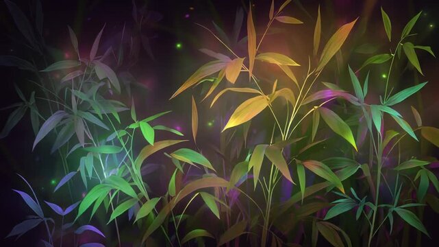 A stylized illustration features bamboo stalks and leaves in a vibrant spectrum of colorful hues