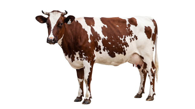 Full body shot of a brown and white dairy cow with an ear tag, standing calmly, isolated on transparent background, livestock animal for farm and agriculture concepts PNG