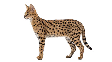 Elegant African serval cat, a majestic wild feline with distinctive spotted fur, standing in profile, isolated on transparent background PNG © Hans