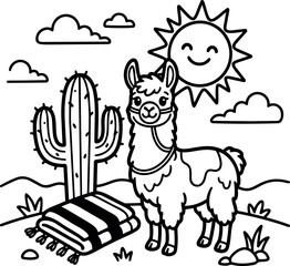 Fototapeta premium Playful line art cute llama standing next to striped blanket and tall cactus under smiling sun in desert landscape