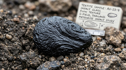 Macro photo of tektite black glassy impactite with aerodynamic flow texture, meteorite impact concept for science brand or geology educational editorial, no faces