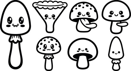 Naklejka premium Cute kawaii style smiling mushrooms and fungi vector set with various shapes and facial expressions in black and white line art
