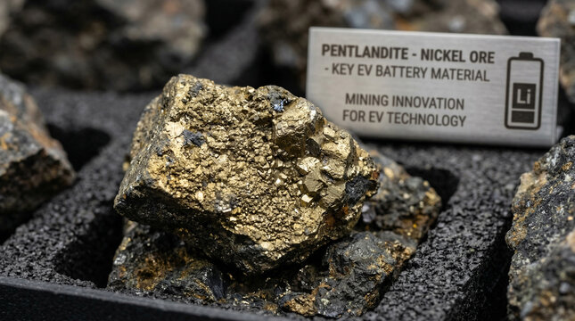 Macro photography of nickel ore pentlandite with brassy yellow metallic surface, battery material concept for EV technology brand or mining editorial, no people