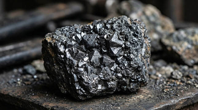 Macro photography of chromite ore with dark metallic crystalline surface, stainless steel raw material concept for industrial brand or mining editorial, no people