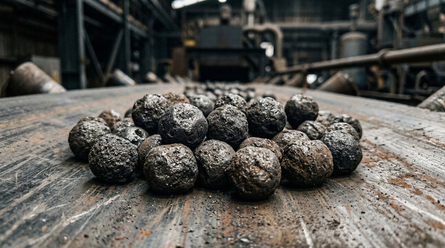 Macro photography of raw iron ore pellets with dark metallic surface and irregular texture, steel industry material concept for manufacturing brand or industrial editorial, no people