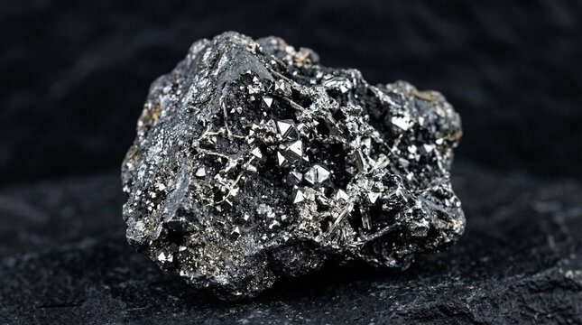 Macro photography of raw silver ore with metallic grey surface and crystalline inclusions on dark background, precious metal mining concept for investment brand or geology editorial, no people