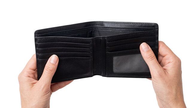 Pair of hands holding an open empty black leather wallet, isolated on transparent background, showcasing its compartments and texture