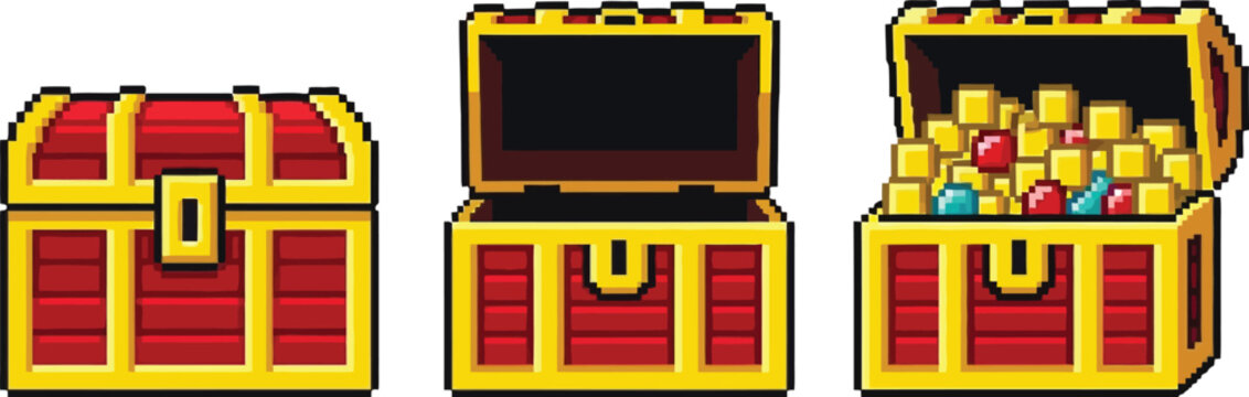 Set of 3 Pixel Art Treasure Chest Icons Vector: Closed, Open Empty, and Open Full of Gold and Gems