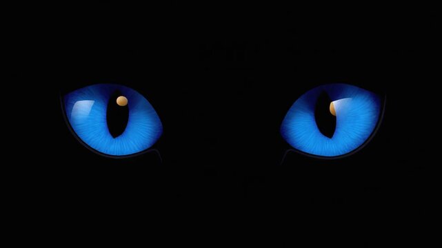 Graphic image features glowing blue eyes, stylized in an animalistic manner against a dark background