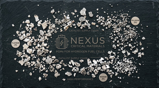 Top view of platinum group metal flakes scattered on dark background, critical material concept for fuel cell technology brand or automotive industry editorial, no people