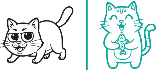Fototapeta premium Vector illustrations featuring a grumpy cat with big eyes and a wide grin, alongside a happy kitten standing and holding a fish. Playful and expressive feline characters in a clean line-art style.