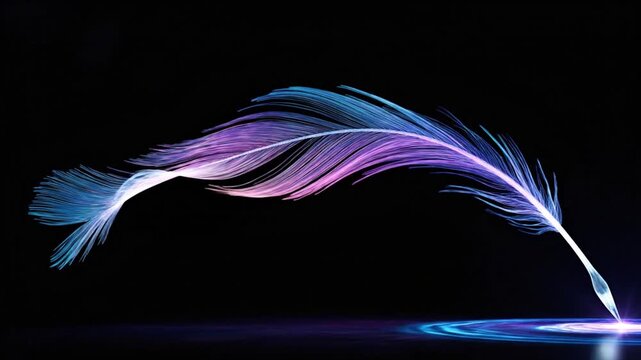 Glowing feather in shades of blue and purple writing across black. Digital art of creative design