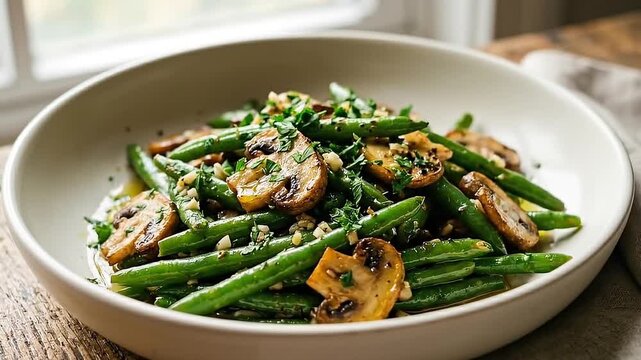 A delicious and fresh green bean salad with mushrooms, a perfect side dish