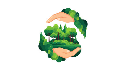 A vector illustration of a hand holding a green forest landscape with trees, symbolizing eco-friendly conservation and environmental protection on International Day of Forests