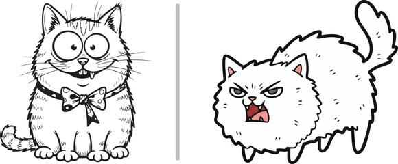 Cartoon vector of two cats: one goofy and smiling with a bow tie, the other grumpy and arched with fluffy fur. Side-by-side comparison of contrasting feline personalities. © Nur
