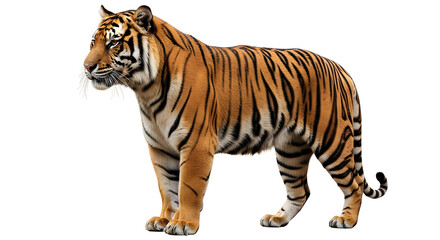 Fototapeta premium Sumatran tiger with dense striped coat and muscular build in studio wildlife photography. Isolated on White background