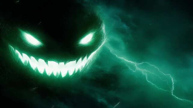 Abstract illustration of a monster with green glowing eyes and lightning