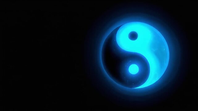 Illuminated Yin and Yang symbol, glowing with cyan, set against a dark, contrasting background