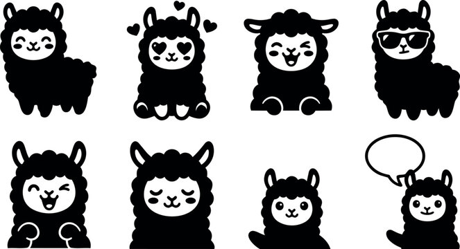 Cute black silhouette cartoon alpaca faces with various expressions hearts sunglasses and speech bubble vector set