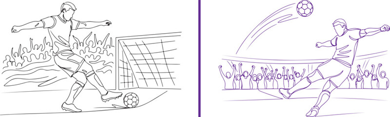 Purple and black line art of soccer players in action. One athlete strikes the ball toward the net, while the other launches a high shot over a cheering stadium crowd. © Nur