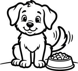 Fototapeta premium Happy sitting dog wagging tail next to full food bowl smiling face black and white line art vector illustration