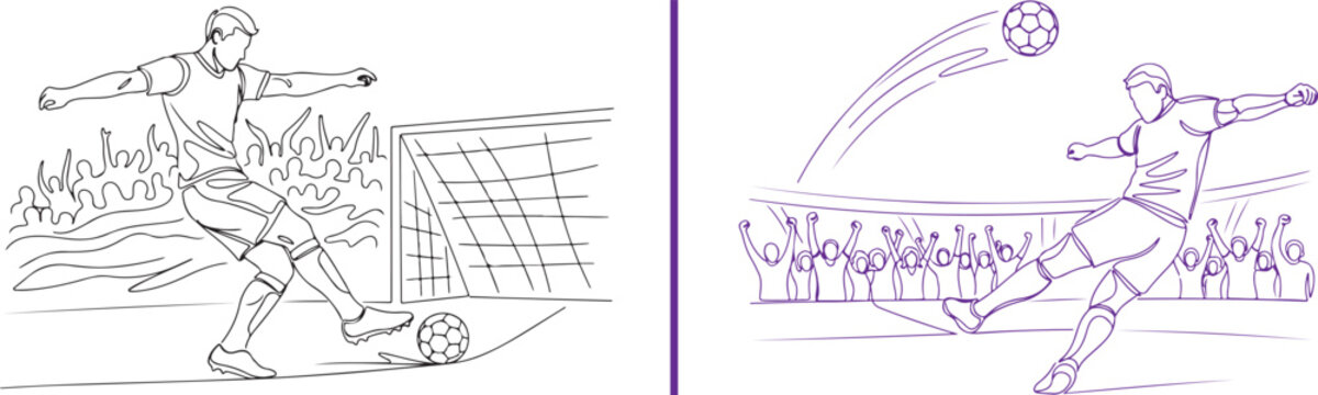 Purple and black line art of soccer players in action. One athlete strikes the ball toward the net, while the other launches a high shot over a cheering stadium crowd.