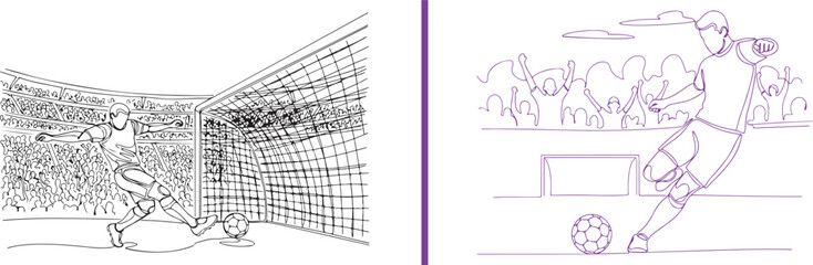 Obraz premium Purple line art vector of soccer players in action: one scoring into a net before a cheering crowd, and another taking a powerful shot on goal. Minimalist, continuous line style.