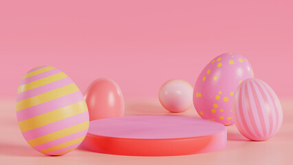 Fototapeta premium Easter eggs 3d podium mockup in soft pastel colors. Round display podium surrounded by decorative colorful eggs with striped and polka dot patterns. Soft pastel color palette with pink, yellow, orange