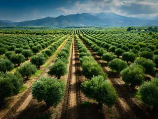 Naklejka premium Sustainable Olive Grove Cultivation Stretching Towards Distant Mountains Under a Dynamic Sky