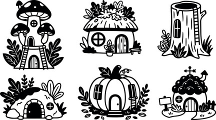 Obraz premium Black and white vector art of whimsical fantasy houses including mushroom pumpkin tree stump and hill homes with plants and ladders