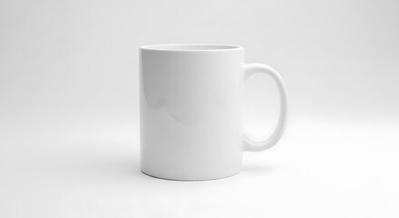 Obraz premium Plain white ceramic mug, handle on the right, centered on a bright, minimalist background