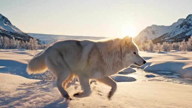 Majestic White Wolf Trotting Through Snowy Arctic Landscape at Sunrise