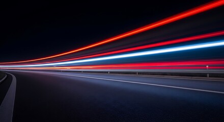Roadway with blurred streaks of car lights at night, creating an abstract and dynamic scene