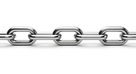 Shiny, metallic chain links connected in a straight line, isolated on a white background