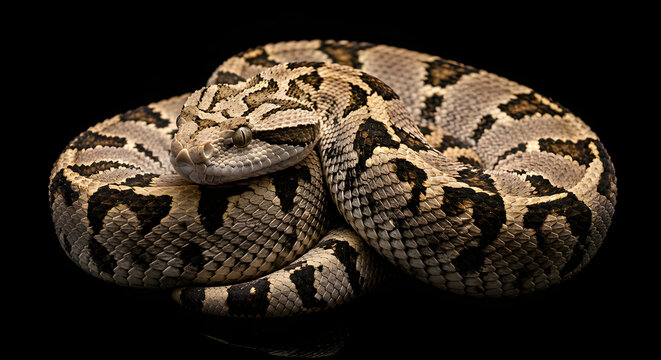 Gaboon viper with complex camouflage pattern and broad triangular head. Isolated on black background