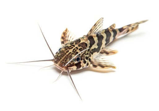 Striking tiger shovelnose catfish detailed close-up studio shot aquatic life isolated on white background