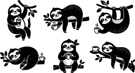 Fototapeta premium Black and white vector art of six sloths holding coffee cups in various relaxed positions on branches smiling happy cozy animals