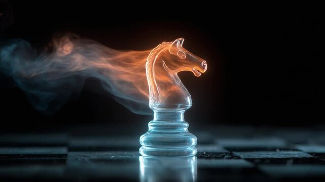 Illuminated chess knight piece emitting colored smoke on a chessboard in a dark, atmospheric setting