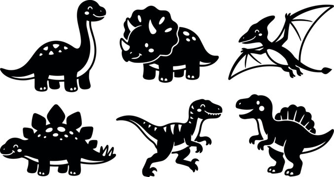 Cute black silhouette dinosaurs set smiling brontosaurus triceratops pterodactyl stegosaurus velociraptor spinosaurus in cartoon style