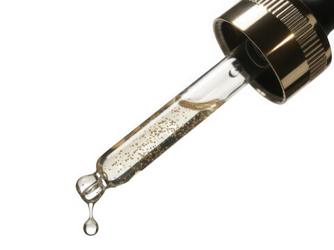 A close-up view of a black dropper bottle with liquid measuring scale and droplets