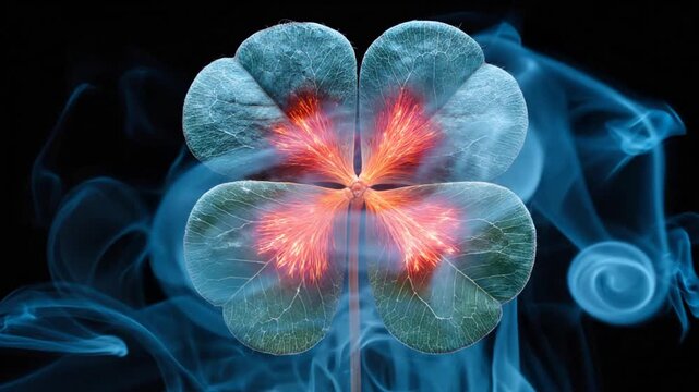 A vibrant four-leaf clover with a glowing center against a smoky blue and black background