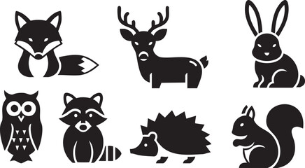 Obraz premium Black silhouettes of forest animals on white background including fox deer rabbit