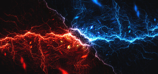 Fototapeta na wymiar Red and Blue Electric Lightning Energy Clash Abstract Power Background