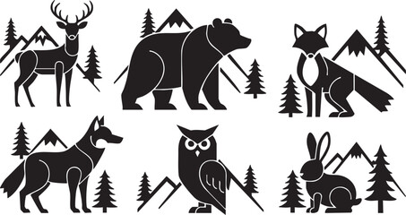 Fototapeta premium Black silhouettes of forest animals and trees in mountain landscape